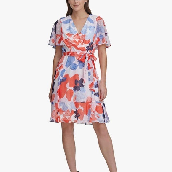 DKNY Women’s white belted zippered floral lined flutter dress Size 14/pl… - Picture 1 of 13